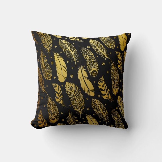 Faux Gold Feather Tribal Pattern Pillow (Front)