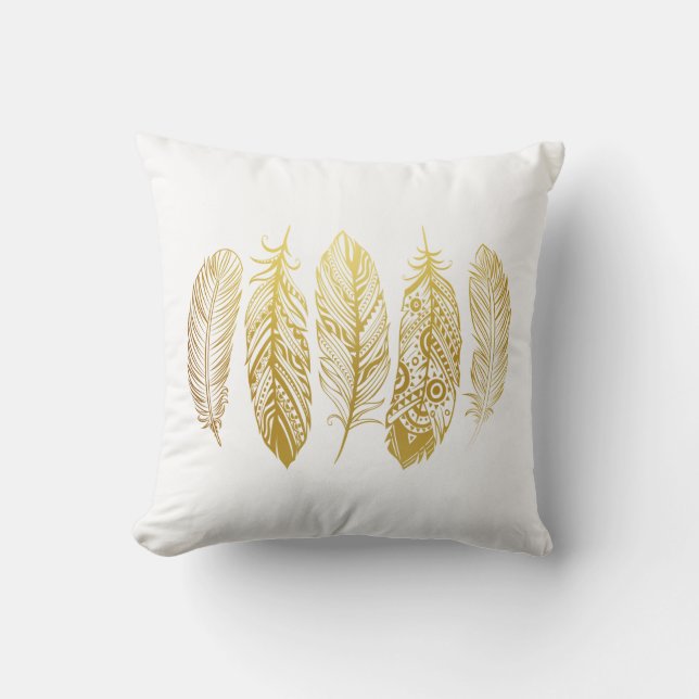 Faux Gold Feather Tribal Print Pillow (Front)
