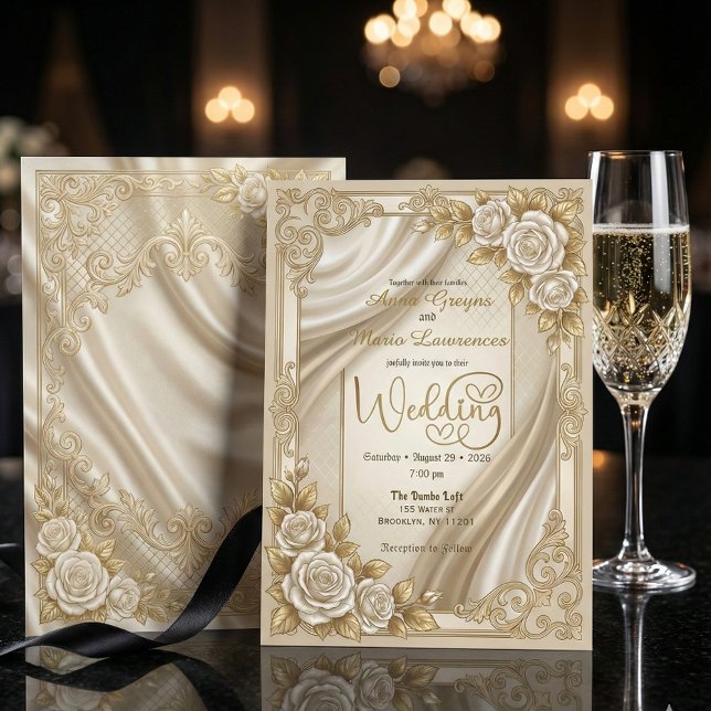 Faux Gold Filigree Satin Drapery Formal Wedding  Invitation (Creator Uploaded)