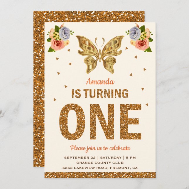 Faux Gold Floral Butterfly First Birthday Party Invitation (Front/Back)