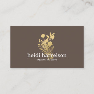Faux Gold Floral Logo on Dark Brown Business Card
