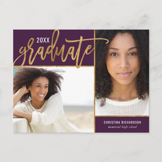 Faux Gold Foil 2 Photo Graduation Announcement Pos (Front)
