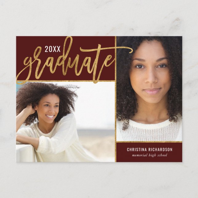 Faux Gold Foil 2 Photo Graduation Announcement Postcard (Front)