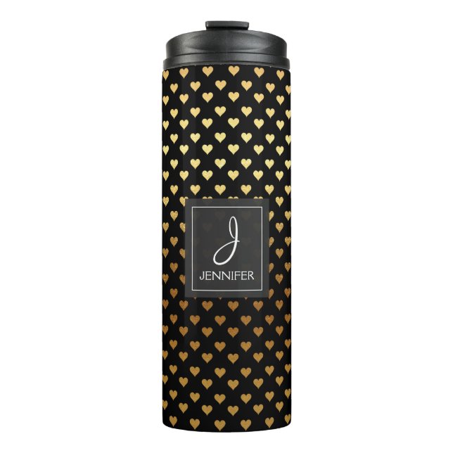 Faux Gold Foil and Black Heart Pattern Monogram Thermal Tumbler (Front)