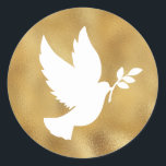 Faux Gold Foil and White Peace Dove Classic Round Sticker<br><div class="desc">The silhouette of a dove with olive branch of peace on top of a pretty faux gold foil graphic design.
You can customise this white background colour of the silhouette image. 
Add a personalised text message to create your own holiday stickers.</div>