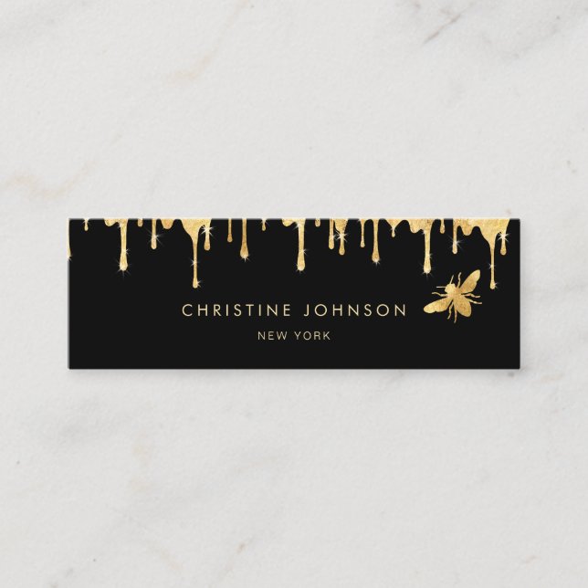 faux gold foil bee  and honey on black background mini business card (Front)