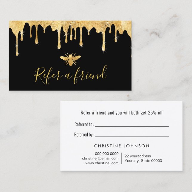 faux gold foil bee on black referral card (Front/Back)