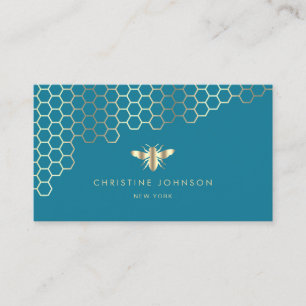 faux gold foil bee on mosaic blue business card