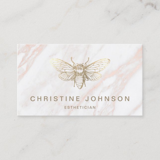 faux gold foil bee on pink marble business card (Front)