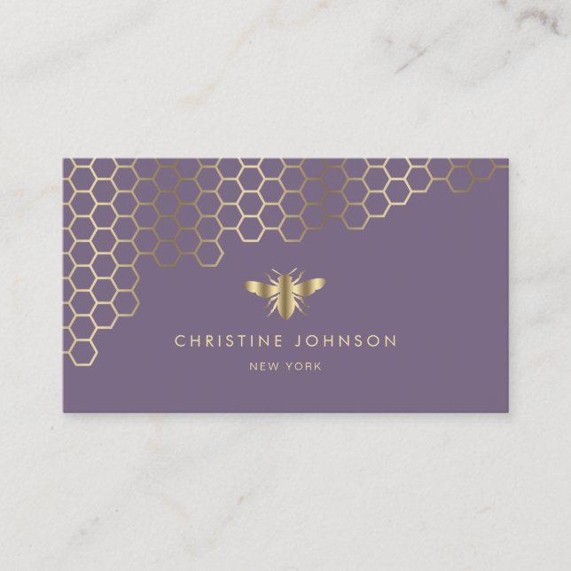 faux gold foil bee on purple business card (Front)