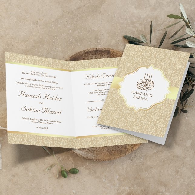 Faux Gold Foil Beige Damask Muslim Wedding Invitation (Creator Uploaded)