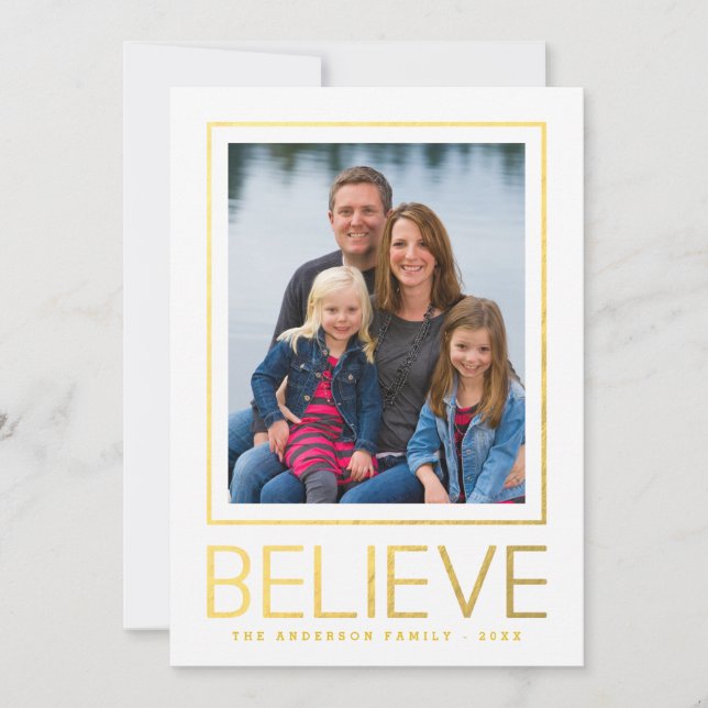 Faux Gold Foil Believe Modern Frame Holiday Photo (Front)