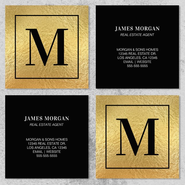 Faux Gold Foil Black Border Monogram Square Business Card (Faux Gold Foil Black Border Monogram Square Business Card)