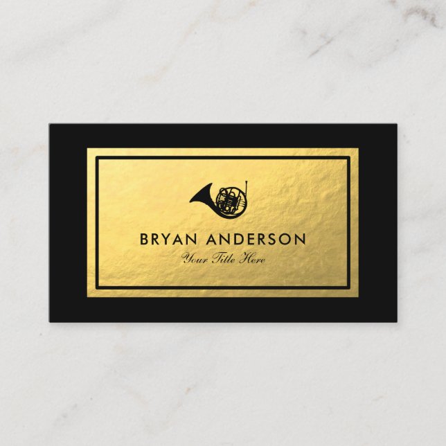 Faux Gold Foil - Black French Horn Business Card (Front)