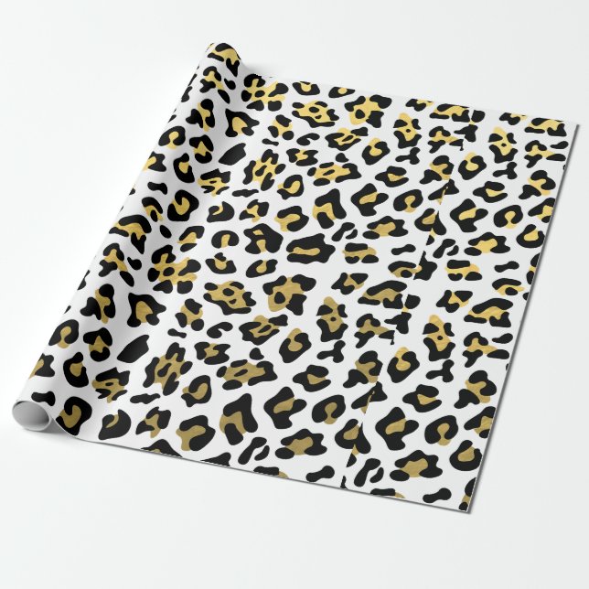 Faux Gold Foil Black Leopard Print Pattern Wrapping Paper (Unrolled)