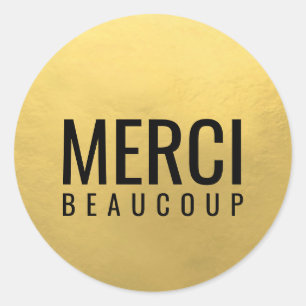 Faux GOLD FOIL Black MERCI BEAUCOUP Classic Round Sticker