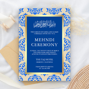 Faux Gold Foil Blue Damask Islamic Mehndi Ceremony Enclosure Card