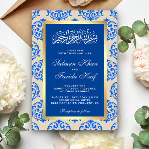 Faux Gold Foil Blue Damask Islamic Muslim Wedding Invitation