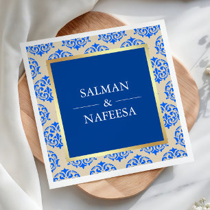 Faux Gold Foil Blue Damask Wedding Napkin