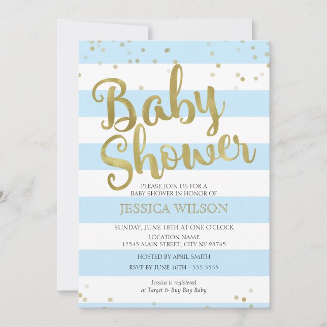 Faux Gold Foil, Blue Stripes Baby Shower Boy Invitation (Front)
