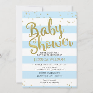 Faux Gold Foil, Blue Stripes Baby Shower Boy Invitation