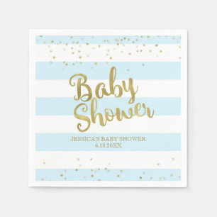 Faux Gold Foil, Blue Stripes Baby Shower Boy Napkin