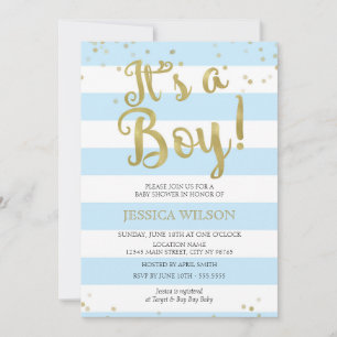 Faux Gold Foil, Blue Stripes Baby Shower Its a Boy Invitation
