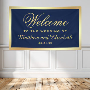 Faux Gold Foil Blue Wedding Welcome Banner
