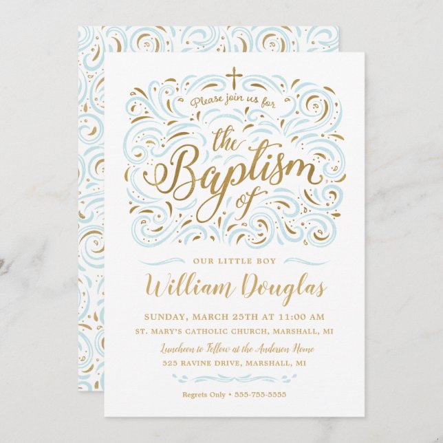 Faux Gold Foil Boy Baptism Invitation (Front/Back)