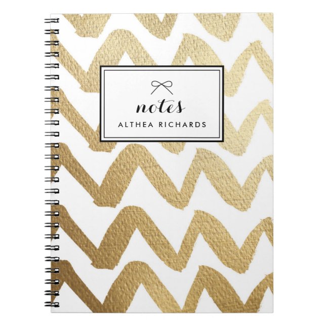 Faux Gold Foil Brush Chevron Pattern Personalised Spiral Notebook (Front)