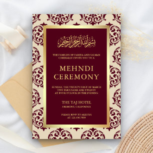 Faux Gold Foil Burgundy Damask Islamic Mehndi Enclosure Card