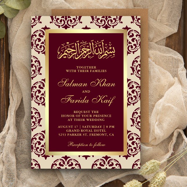 Faux Gold Foil Burgundy Damask Muslim Wedding Invitation (Creator Uploaded)