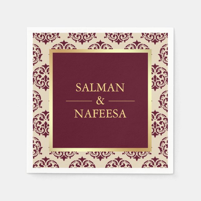 Faux Gold Foil Burgundy Damask Wedding Napkin (Front)