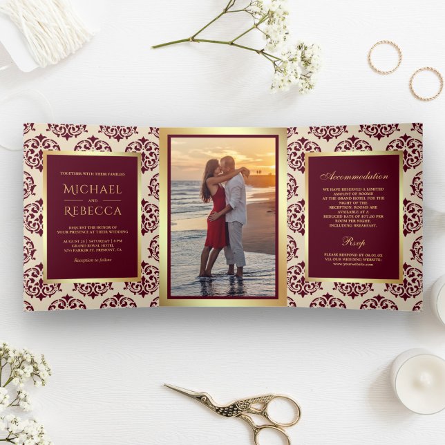 Faux Gold Foil Burgundy Damask Wedding Photo Tri-Fold Invitation (Creator Uploaded)