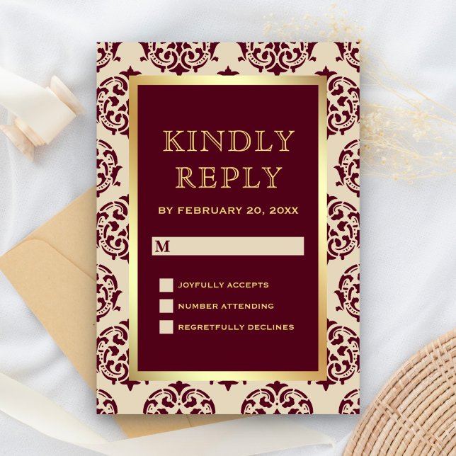 Faux Gold Foil Burgundy Damask Wedding RSVP Card (Creator Uploaded)