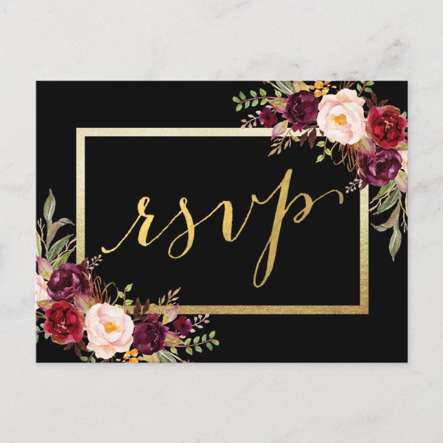 Faux Gold Foil Burgundy Floral Black Wedding RSVP Postcard (Front)