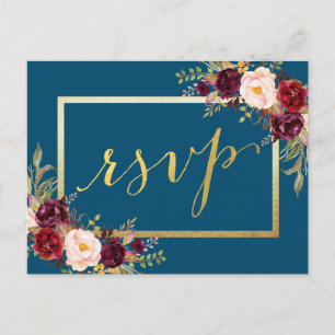 Faux Gold Foil Burgundy Floral Blue Wedding RSVP Postcard
