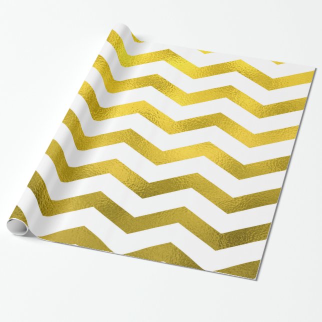 Faux Gold Foil Chevron Pattern White Metallic Wrapping Paper (Unrolled)