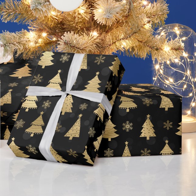 Faux Gold Foil Christmas Trees & black bokeh Wrapping Paper (Holidays)