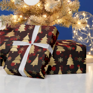 Faux Gold Foil Christmas Trees & red bokeh Wrapping Paper