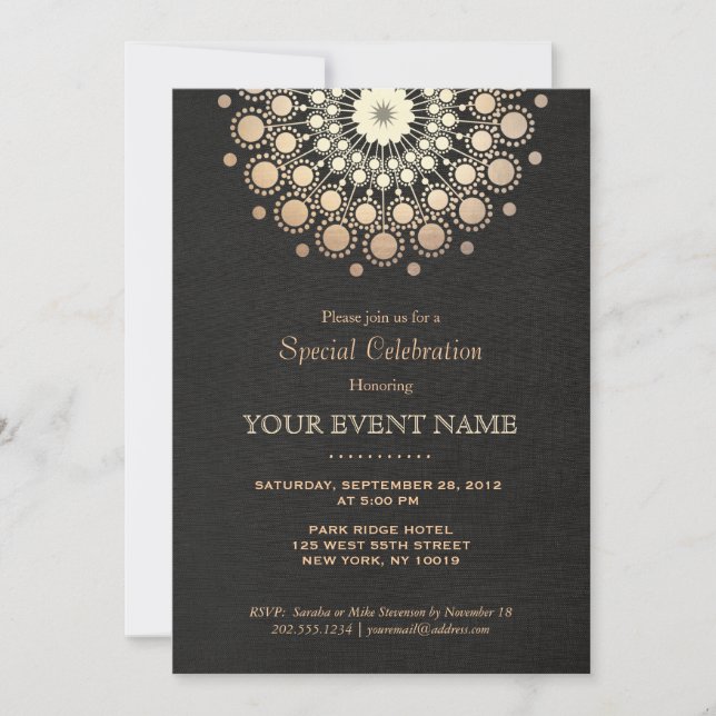 Faux Gold Foil Circle Motif Black Formal Party Invitation (Front)
