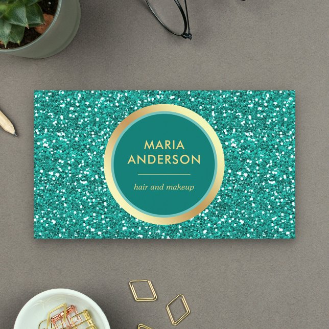 Faux Gold Foil Circle Teal Glitter Makeup Artist Business Card (Creator Uploaded)