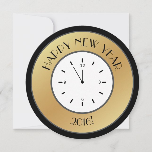 Faux Gold Foil Clock Midnight Happy New Year Invitation (Front)
