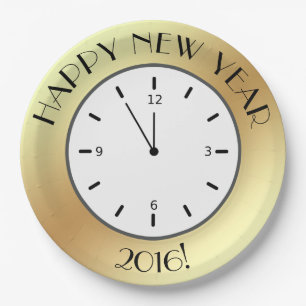 Faux Gold Foil Clock Midnight Happy New Year Paper Plate