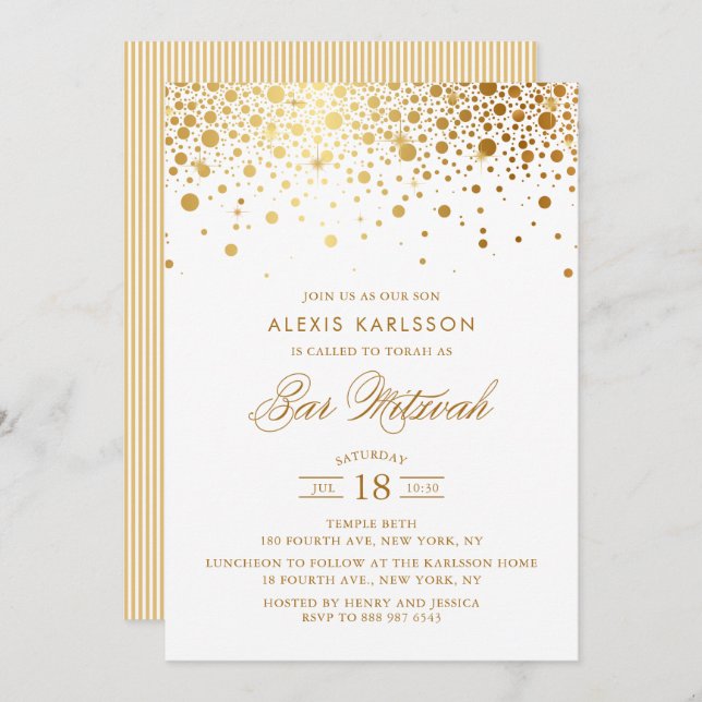 Faux Gold Foil Confetti Bar Mitzvah Invitation (Front/Back)