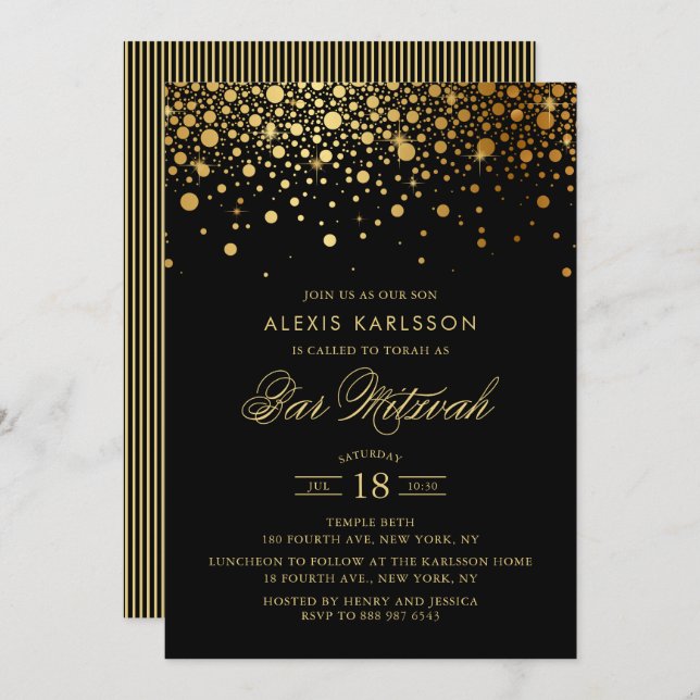 Faux Gold Foil Confetti Black Bar Mitzvah Invitation (Front/Back)