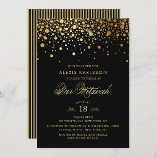 Faux Gold Foil Confetti Black Bar Mitzvah Invitation