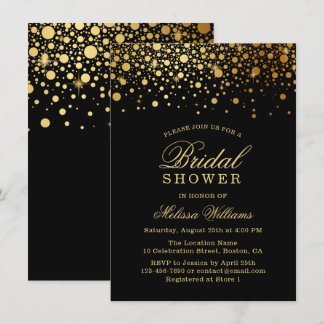 Faux Gold Foil Confetti | Black Bridal Shower Invitation