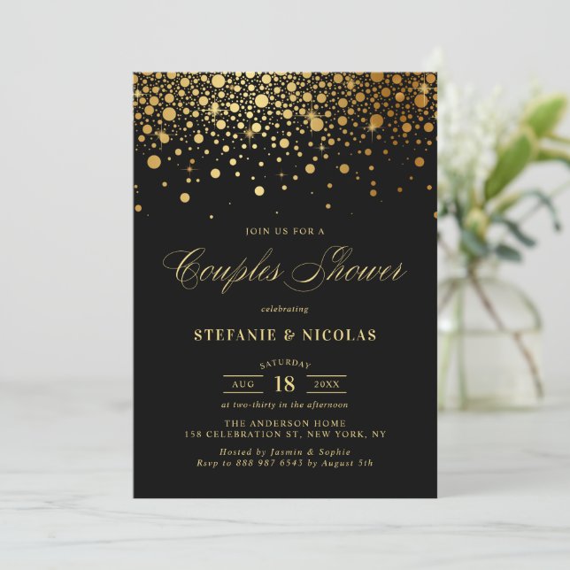 Faux Gold Foil Confetti Black Couples Shower Invitation (Standing Front)