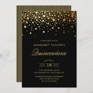 Faux Gold Foil Confetti Black Quinceañera Invitation